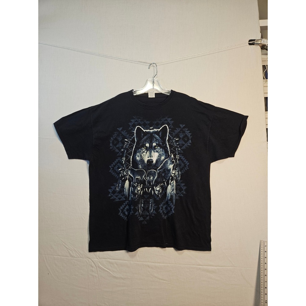 Fruit of the Loom Mens Wolf Dreamcatcher Graphic T-Shirt Black 2XL Vintage